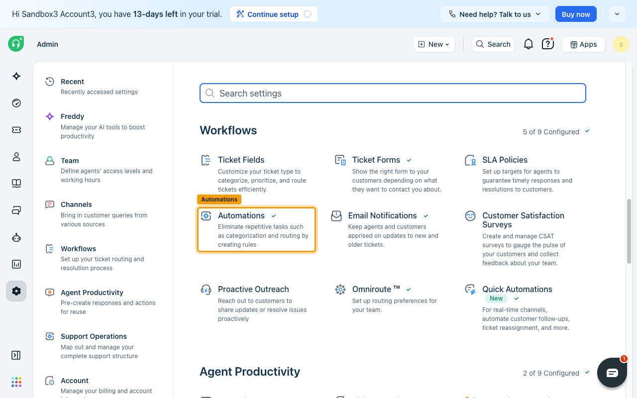 The Workflows group on the Admin page with the Automations card highlighted