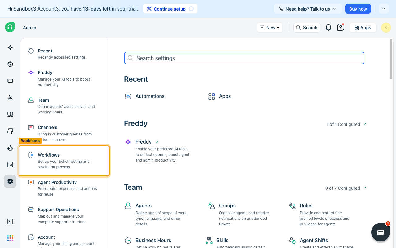 The Freshdesk Admin page with the Workflows entry highlighted in the left menu