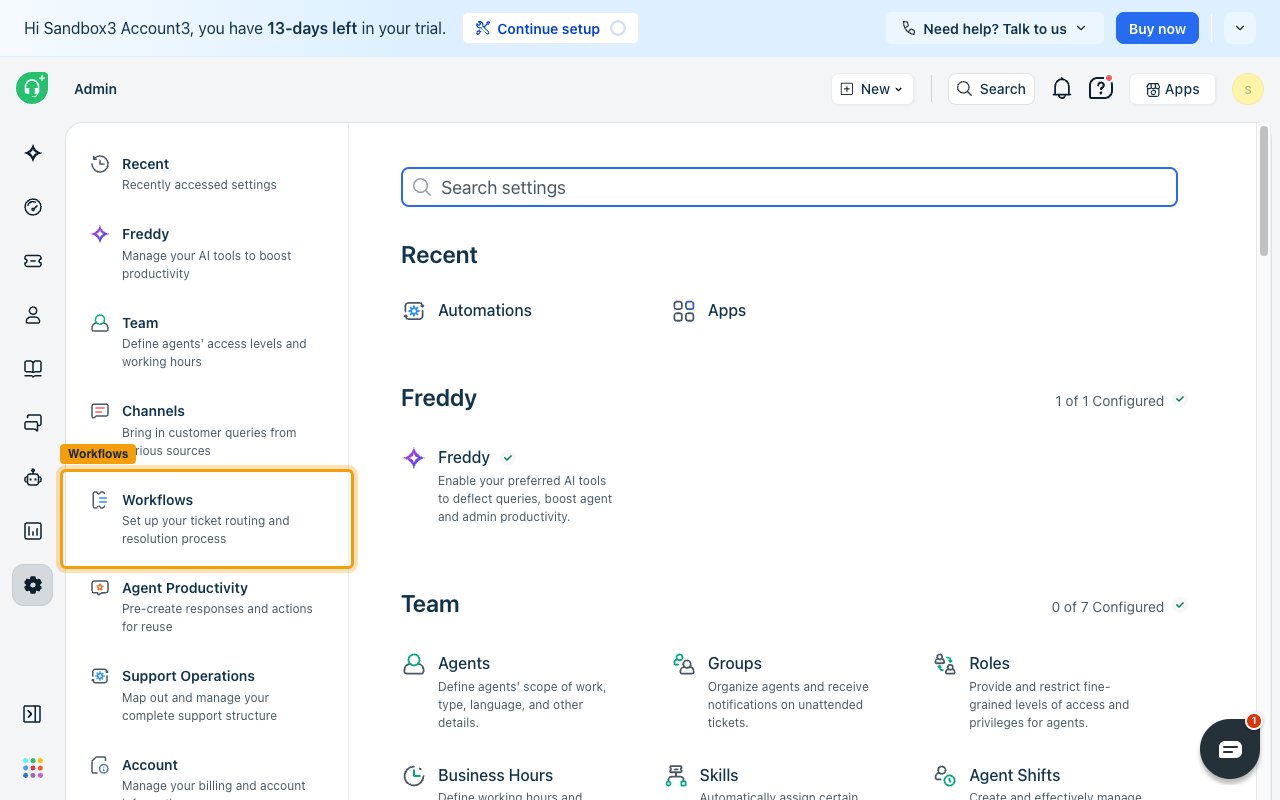 The Freshdesk Admin page with the Workflows entry highlighted in the left menu