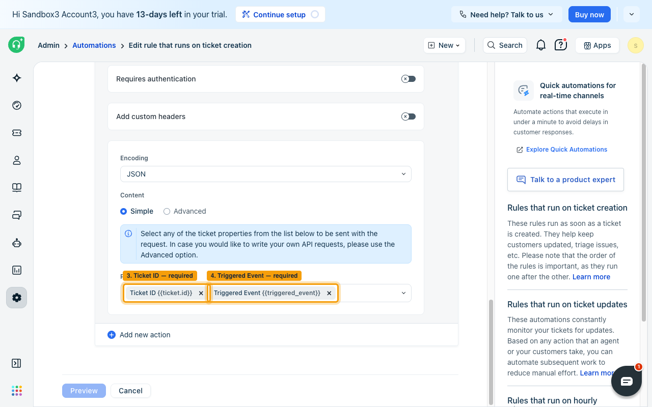 The Simple content Placeholders list with Triggered Event highlighted and Ticket ID already selected