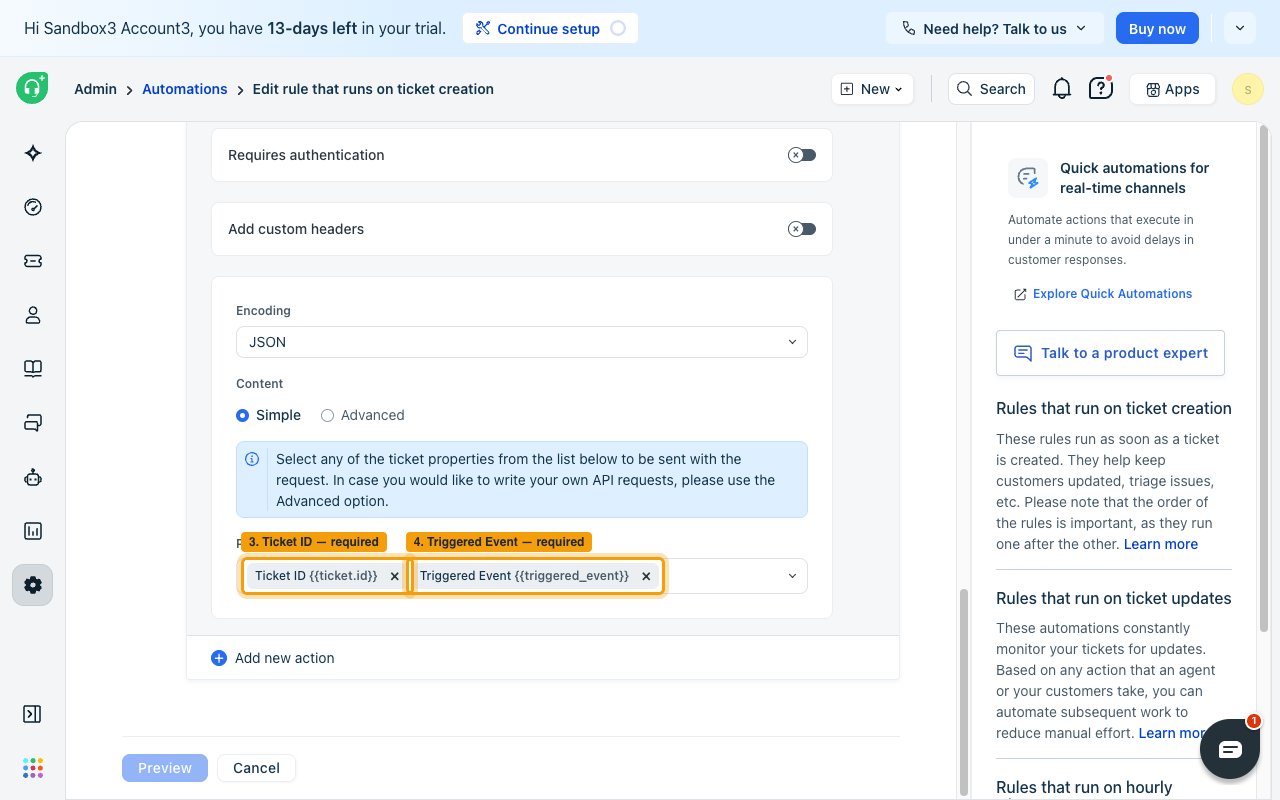 The Simple content Placeholders list with Triggered Event highlighted and Ticket ID already selected