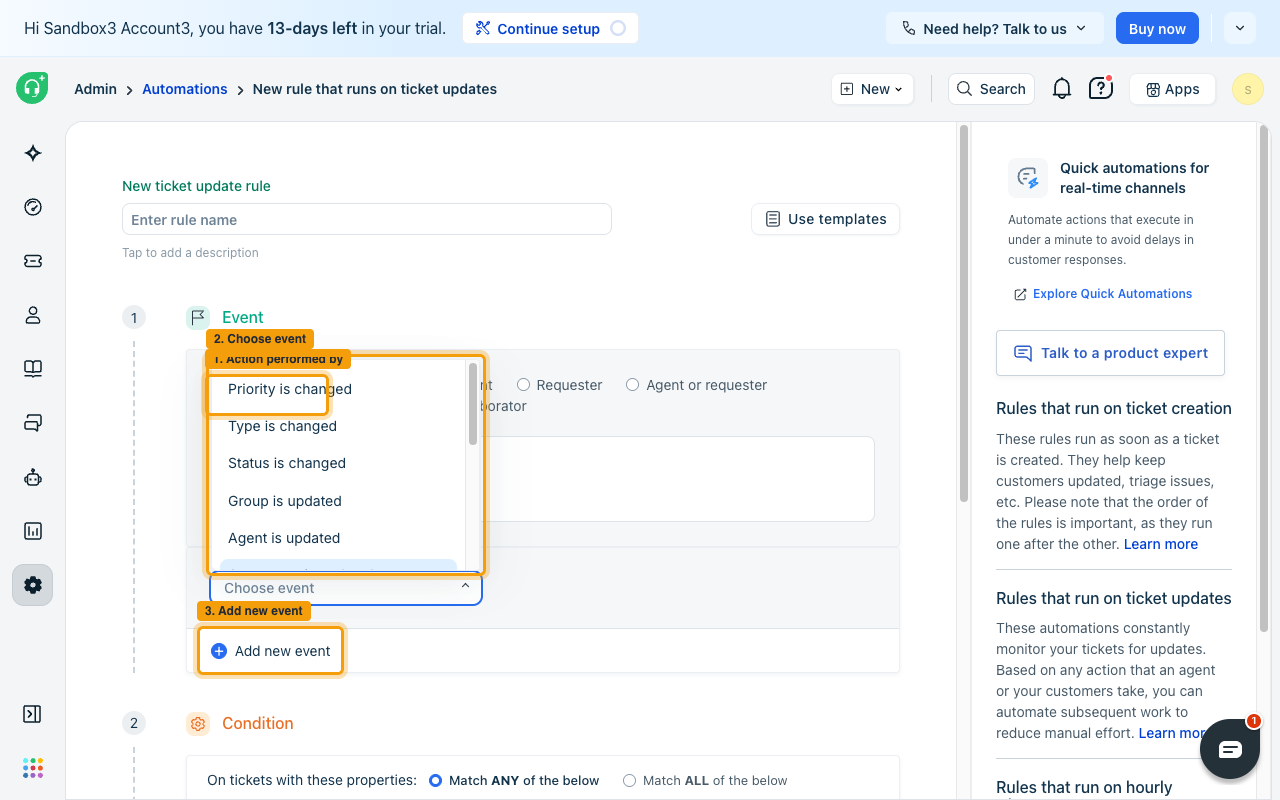 The ticket update rule editor with the Choose event list open and highlighted