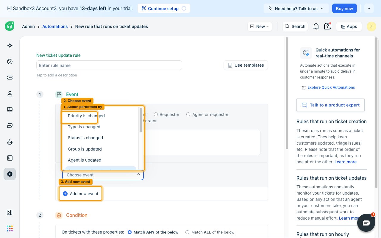 The ticket update rule editor with the Choose event list open and highlighted
