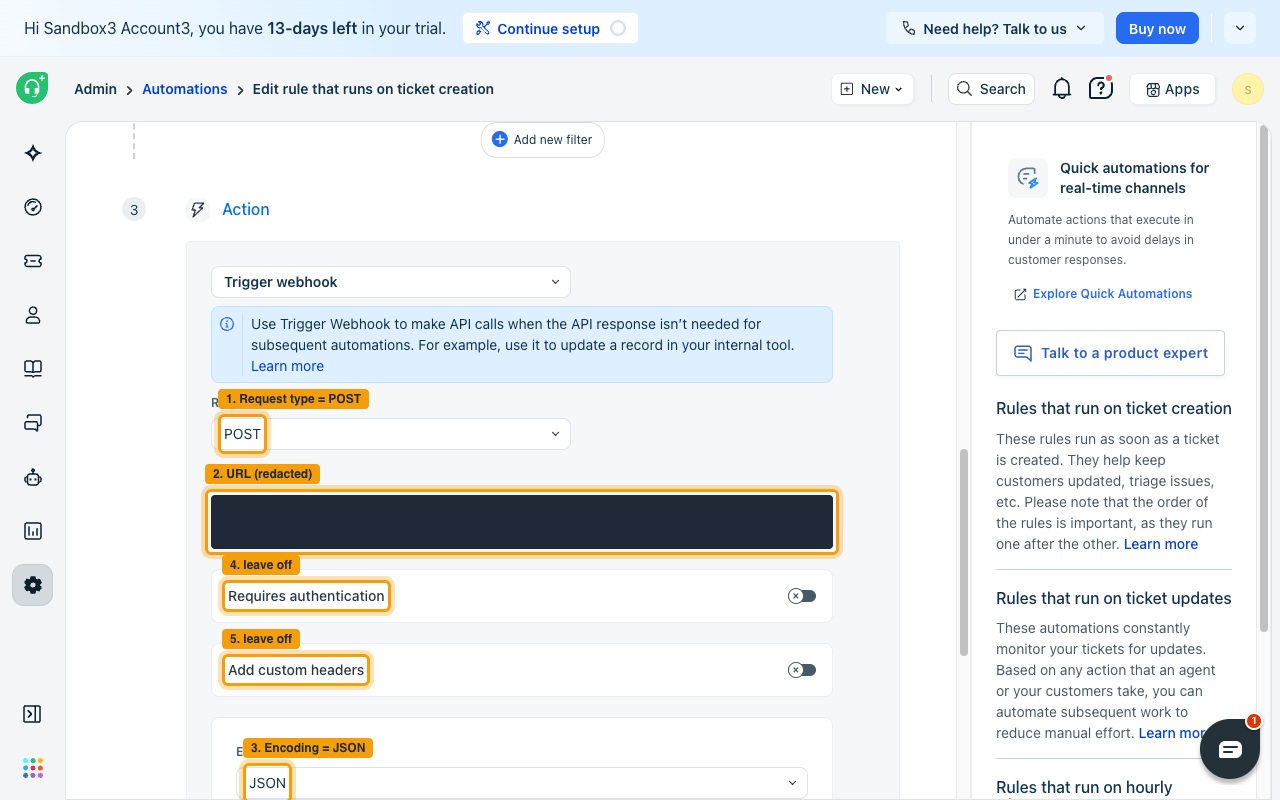 The webhook action with Request type POST, the URL field, Encoding JSON, and both toggles left off, each highlighted and numbered