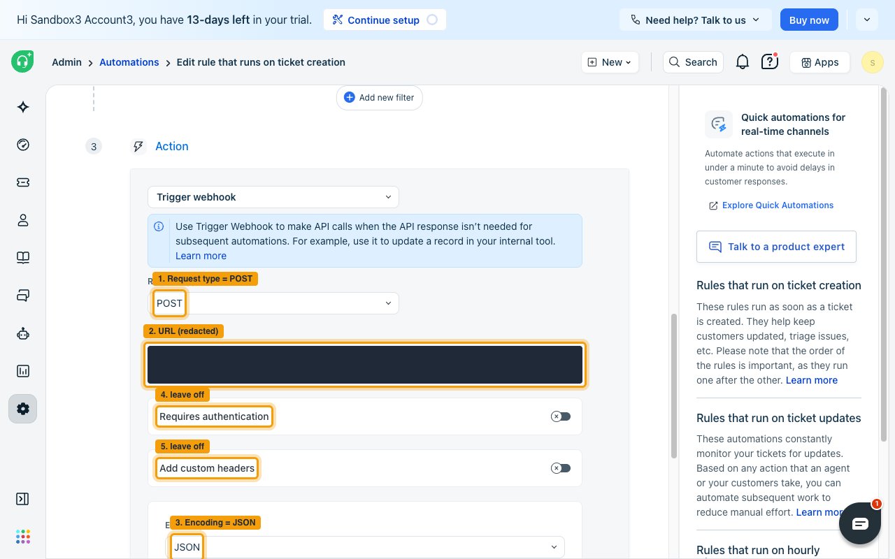 The webhook action with Request type POST, the URL field, Encoding JSON, and both toggles left off, each highlighted and numbered