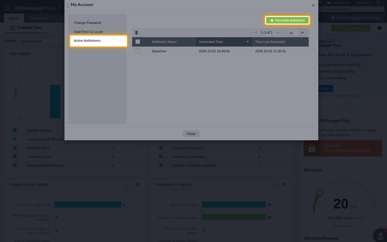 The Active Authtokens tab of My Account with the Generate Authtoken button highlighted