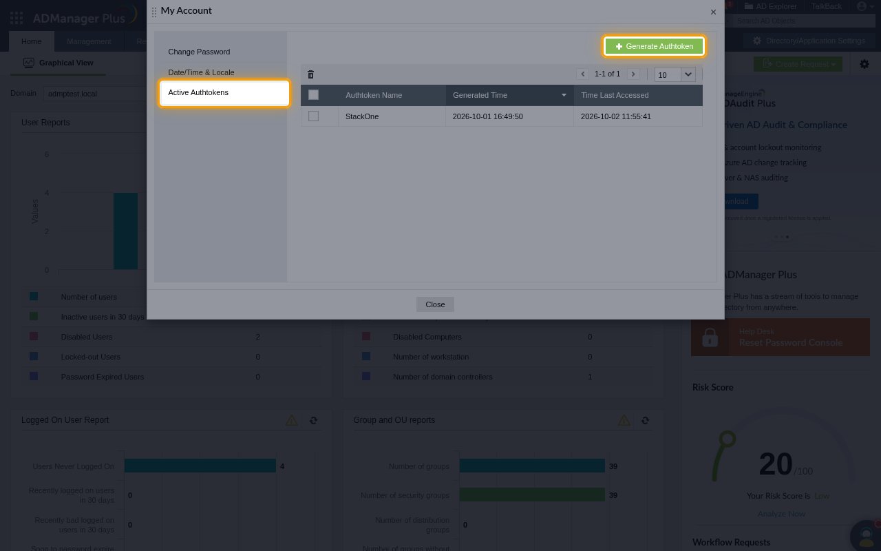 The Active Authtokens tab of My Account with the Generate Authtoken button highlighted