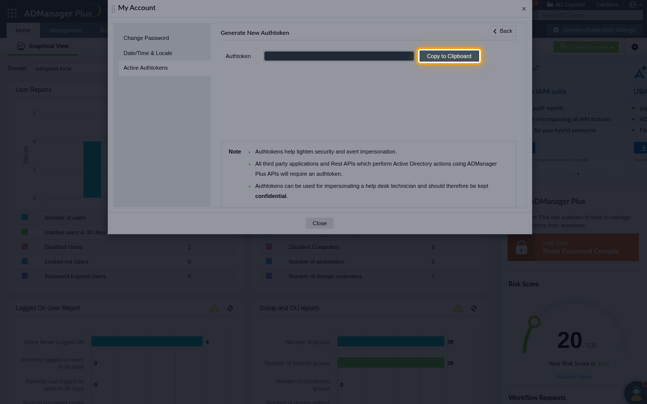 The generated authtoken with its value hidden and the Copy to Clipboard button highlighted