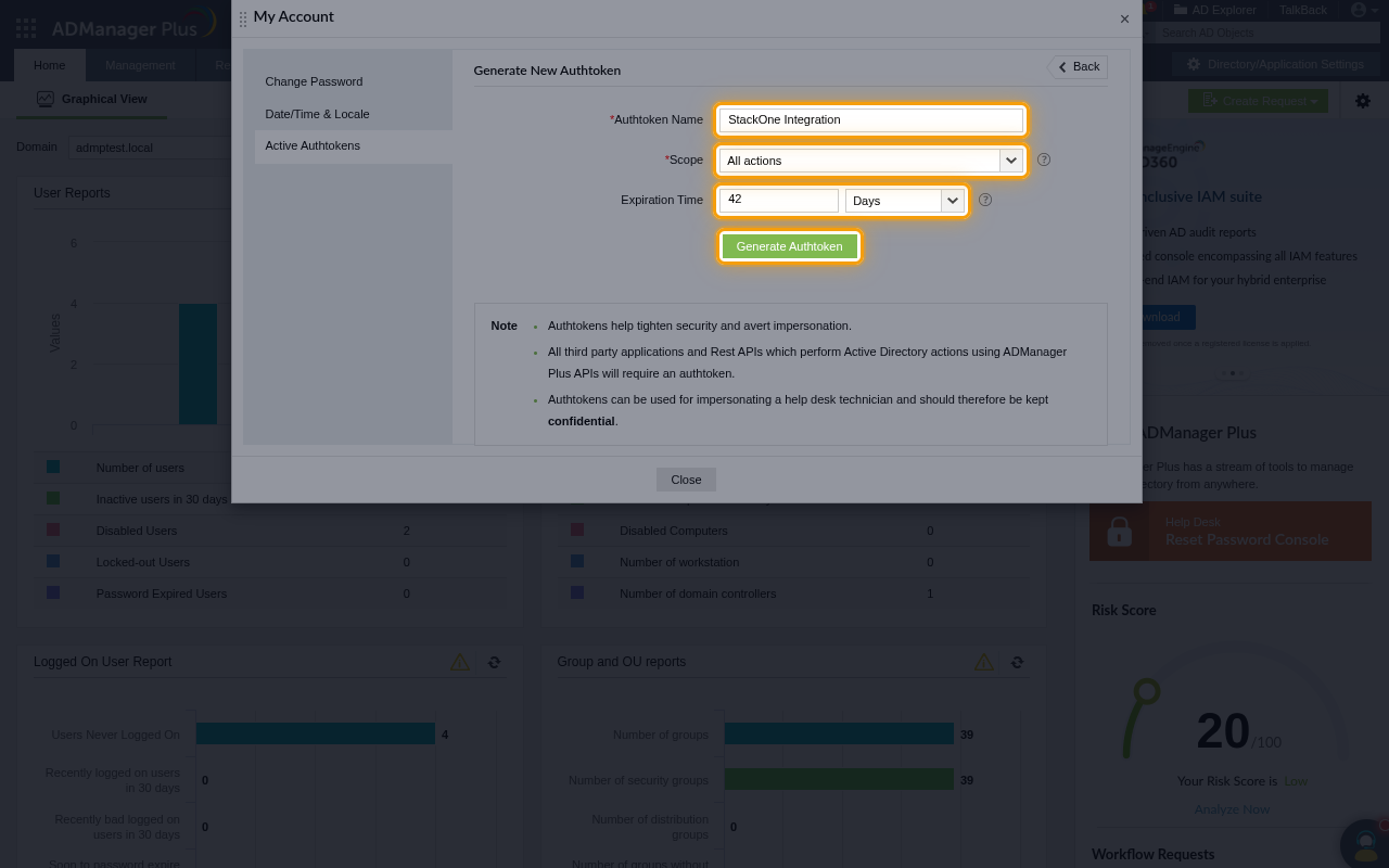 The Generate New Authtoken form with the Authtoken Name, Scope, Expiration Time fields and the Generate Authtoken button highlighted