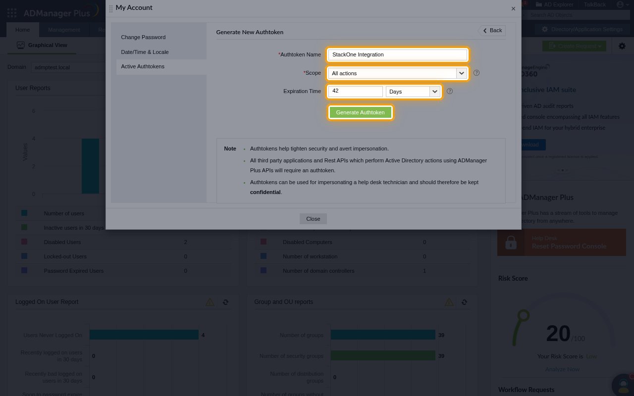 The Generate New Authtoken form with the Authtoken Name, Scope, Expiration Time fields and the Generate Authtoken button highlighted
