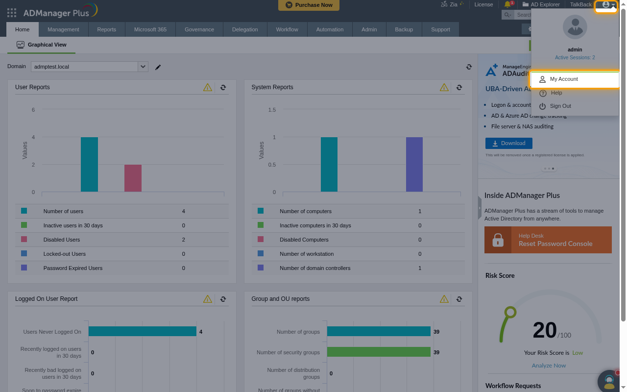 The ADManager Plus profile menu with the profile icon and the My Account option highlighted
