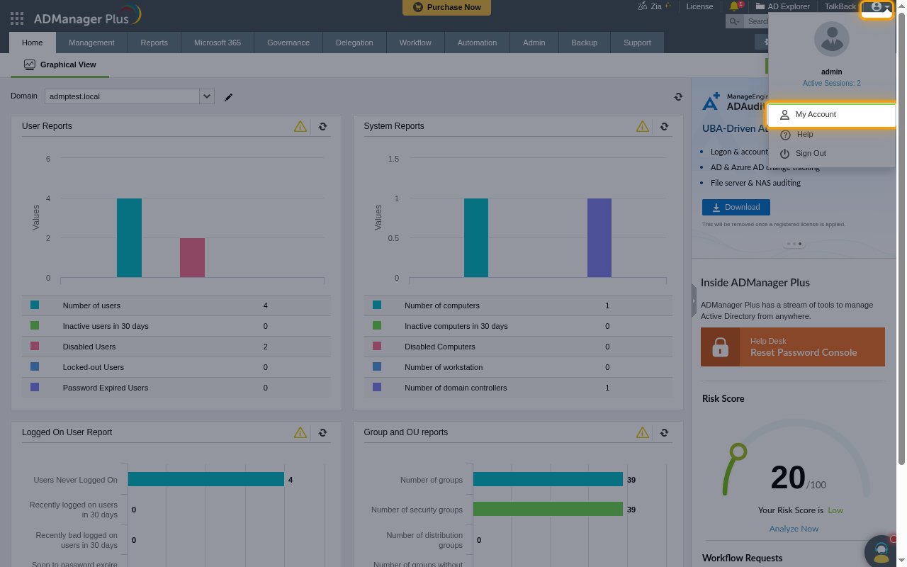 The ADManager Plus profile menu with the profile icon and the My Account option highlighted