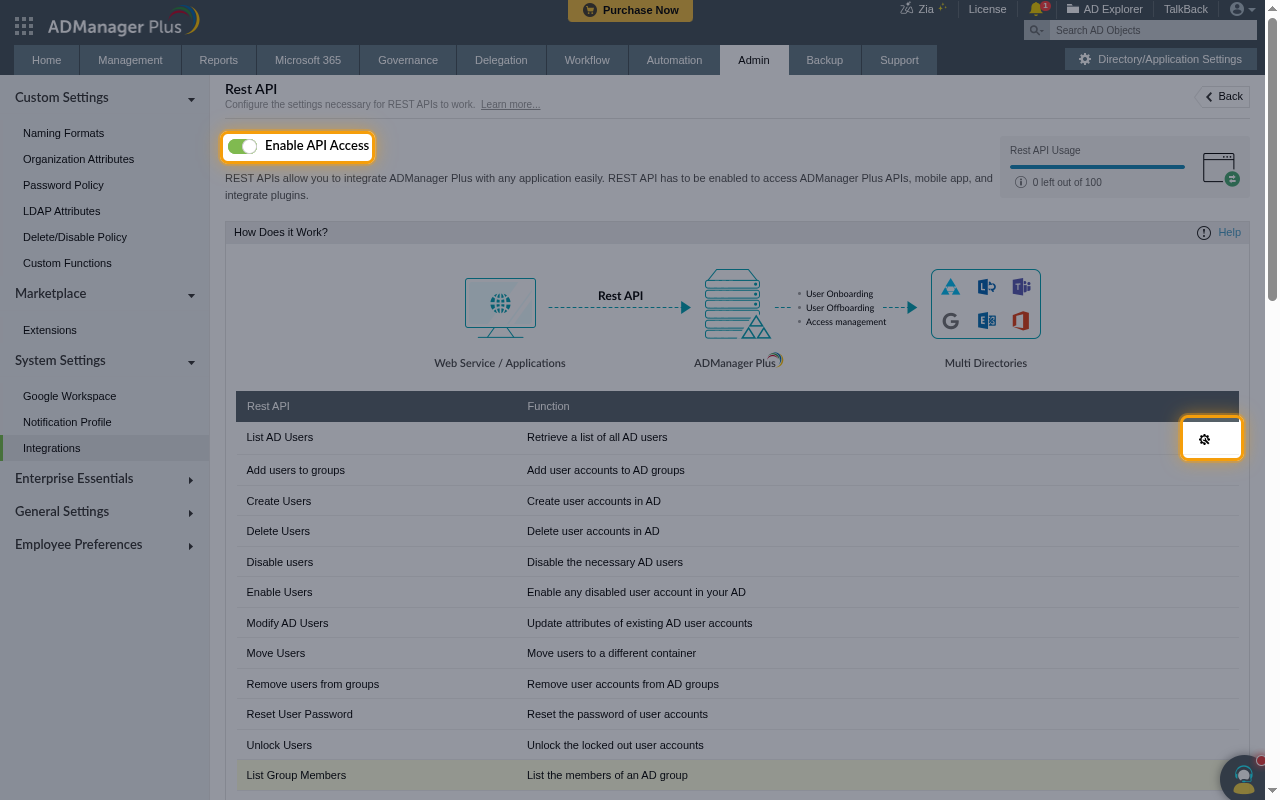 The Rest API settings page with the Enable API Access toggle and the List AD Users configuration icon highlighted