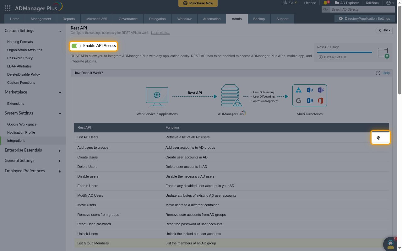 The Rest API settings page with the Enable API Access toggle and the List AD Users configuration icon highlighted