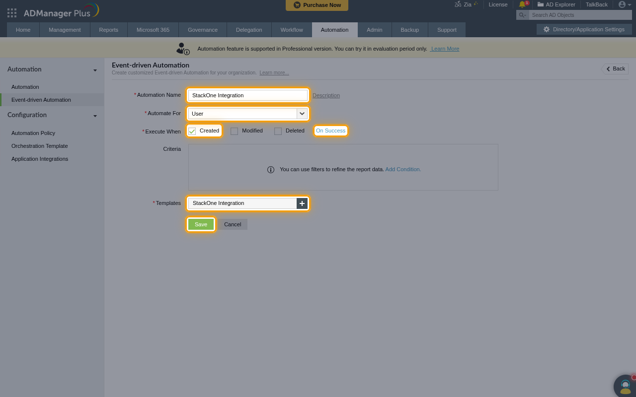 The event-driven automation form with Automation Name, Automate For, Execute When, On Success, Templates and Save highlighted