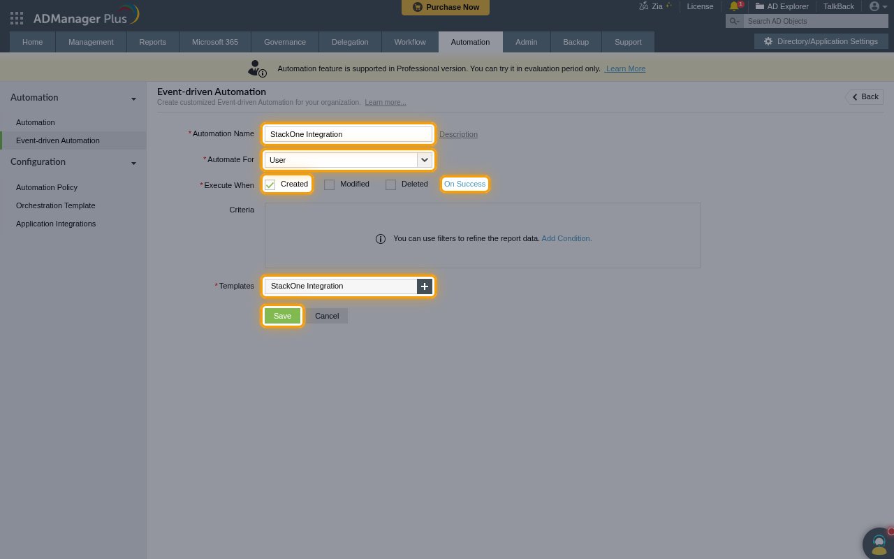 The event-driven automation form with Automation Name, Automate For, Execute When, On Success, Templates and Save highlighted