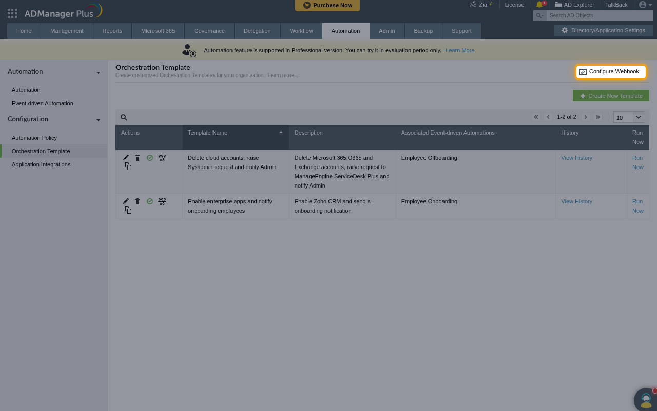The Orchestration Template page with the Configure Webhook link highlighted