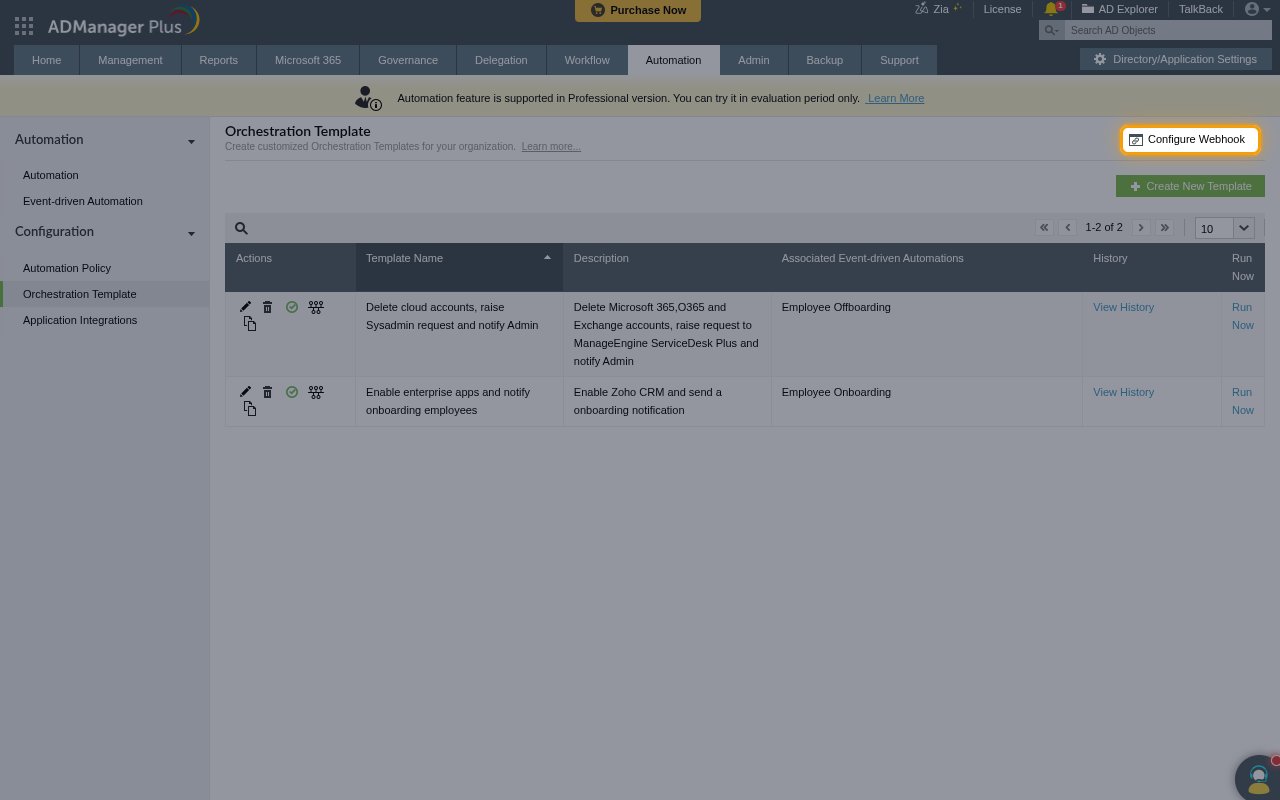 The Orchestration Template page with the Configure Webhook link highlighted