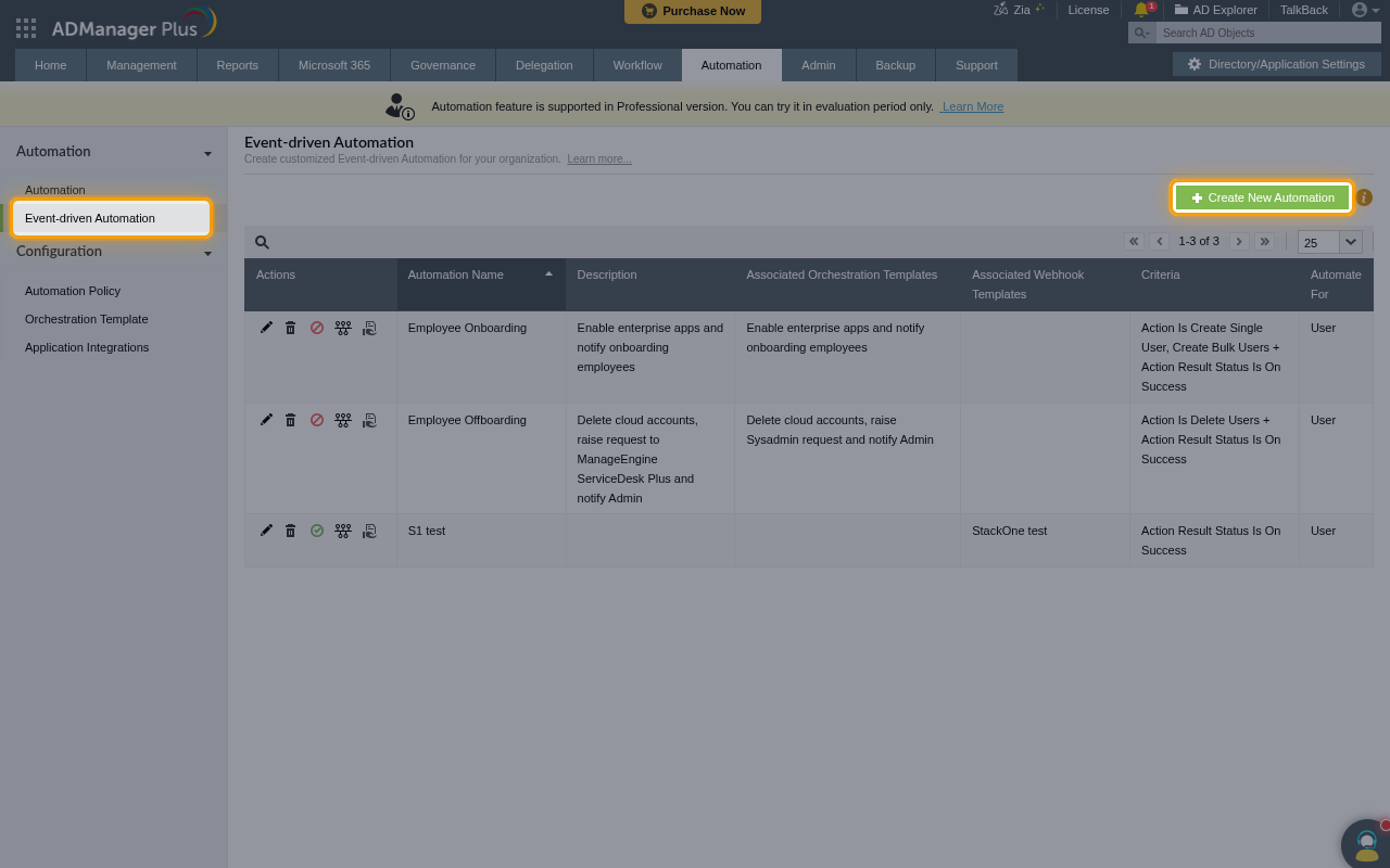 The Event-driven Automation page with the menu item and the Create New Automation button highlighted