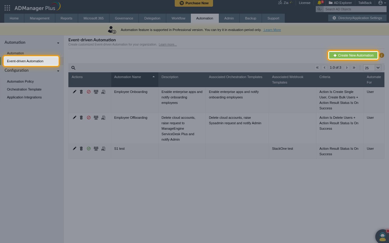The Event-driven Automation page with the menu item and the Create New Automation button highlighted