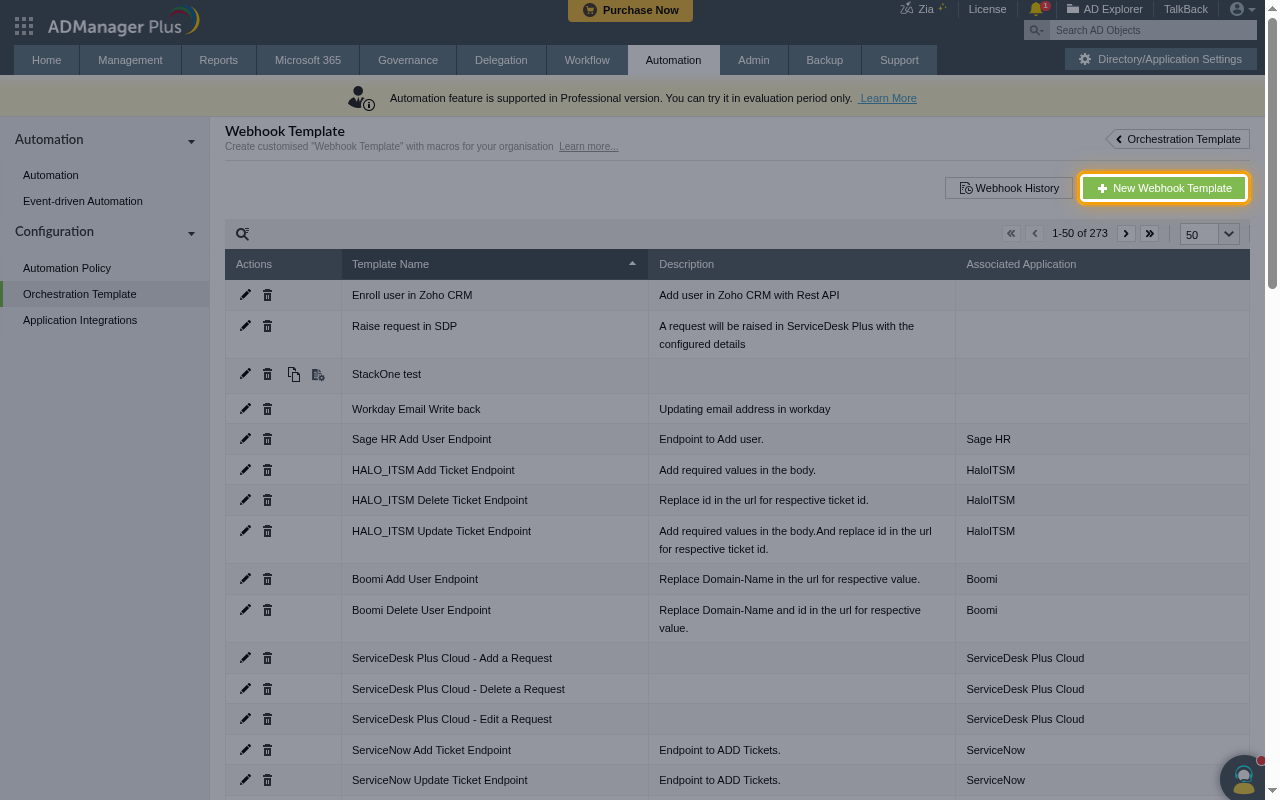The Webhook Template page with the New Webhook Template button highlighted