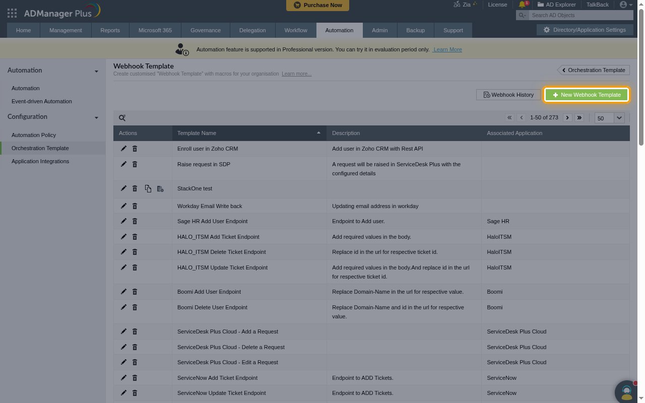The Webhook Template page with the New Webhook Template button highlighted