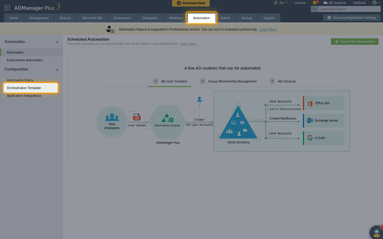 The Automation tab with Orchestration Template highlighted in the Configuration menu