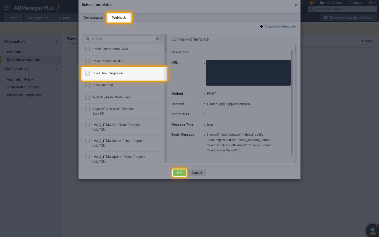The Select Templates dialog with the Webhook tab, the webhook template and the OK button highlighted