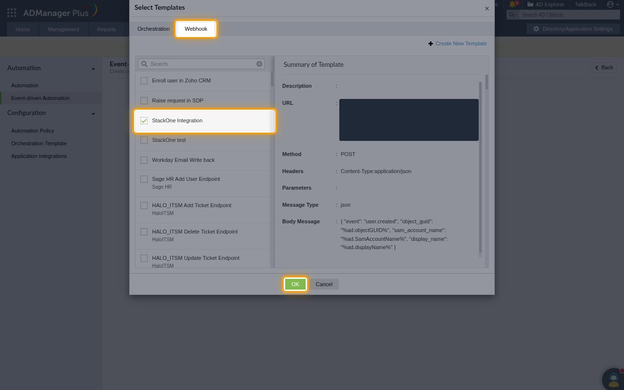 The Select Templates dialog with the Webhook tab, the webhook template and the OK button highlighted