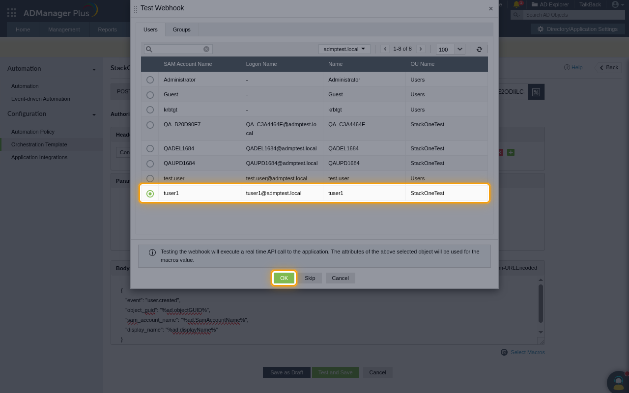 The Test Webhook dialog with a user selected and the OK button highlighted