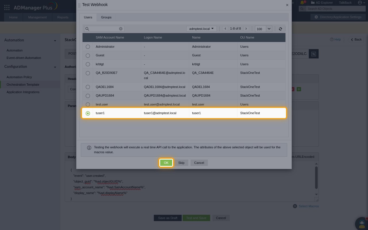 The Test Webhook dialog with a user selected and the OK button highlighted