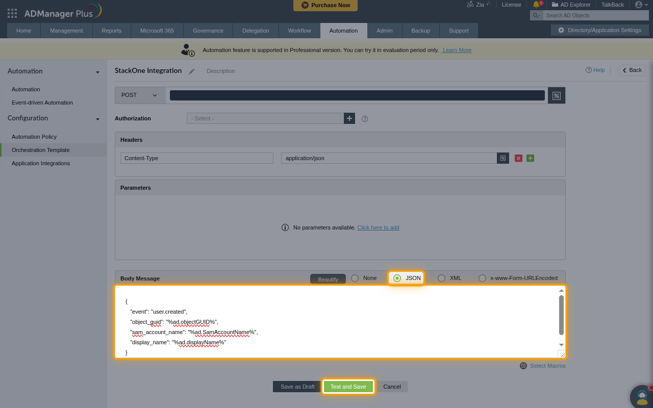 The Body Message section with JSON selected, the JSON body and the Test and Save button highlighted