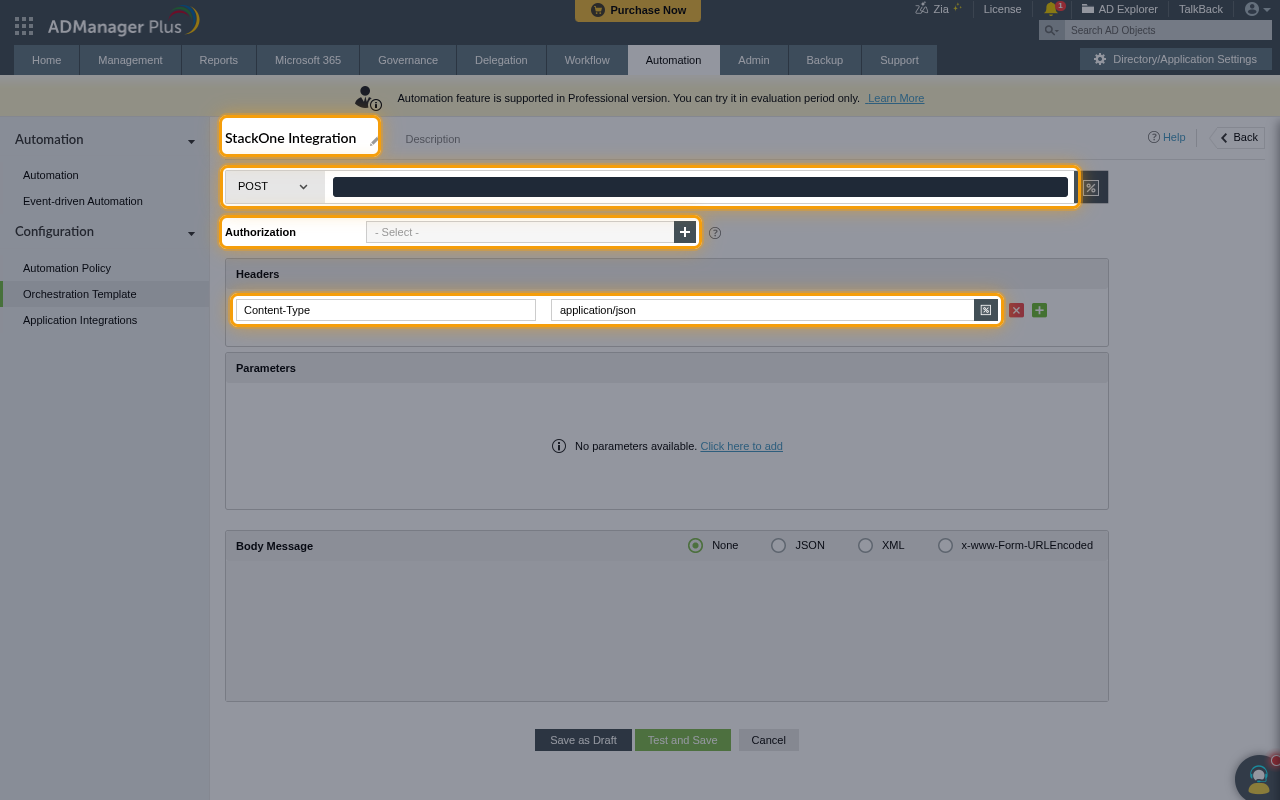 The webhook template form with the name, POST method, URL field, Authorization and Content-Type header highlighted, and the URL hidden