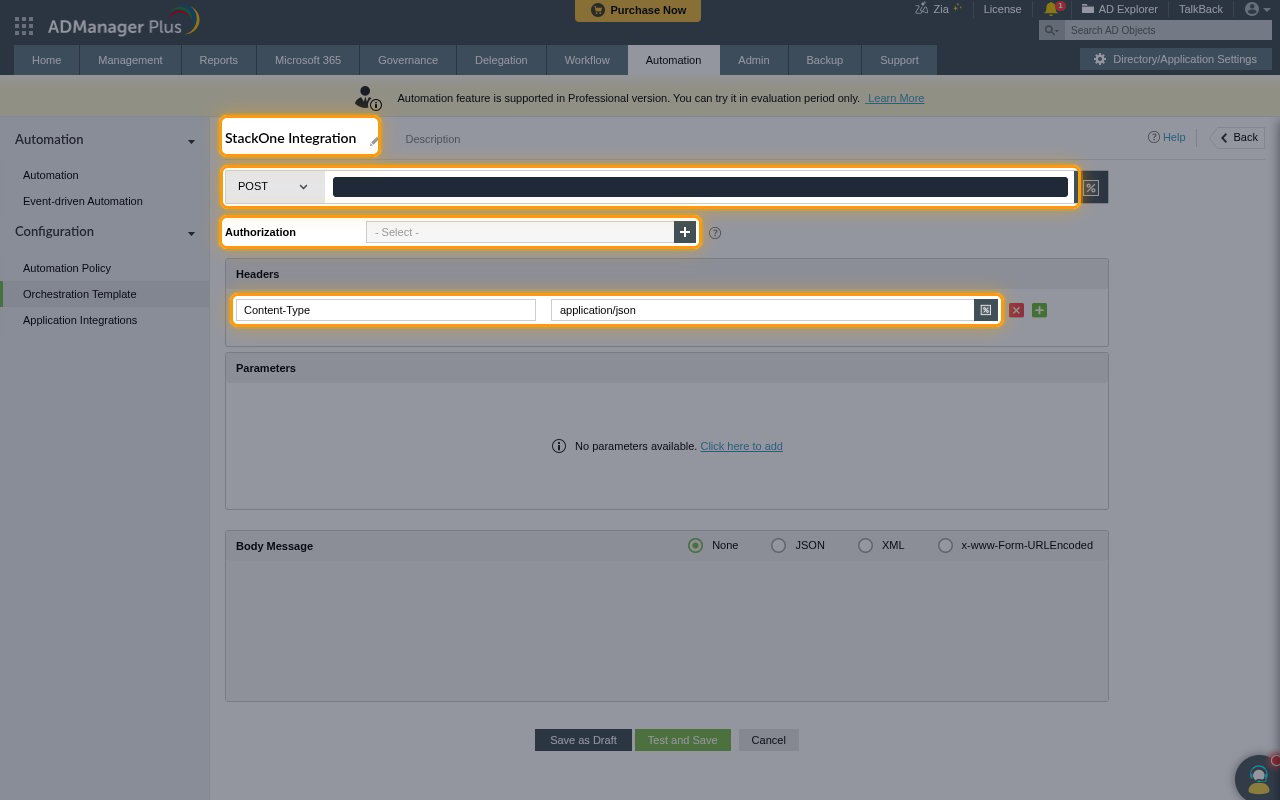 The webhook template form with the name, POST method, URL field, Authorization and Content-Type header highlighted, and the URL hidden