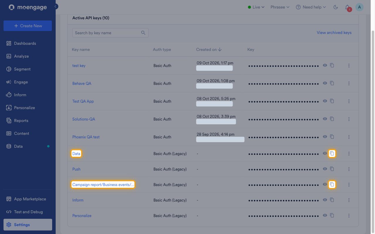 The Active API keys table with the Data and Campaign report keys and their copy icons highlighted