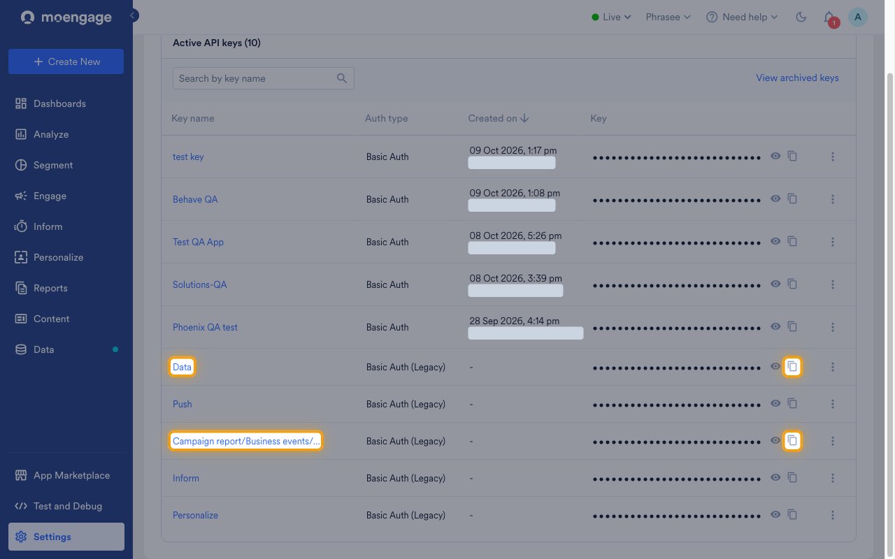 The Active API keys table with the Data and Campaign report keys and their copy icons highlighted