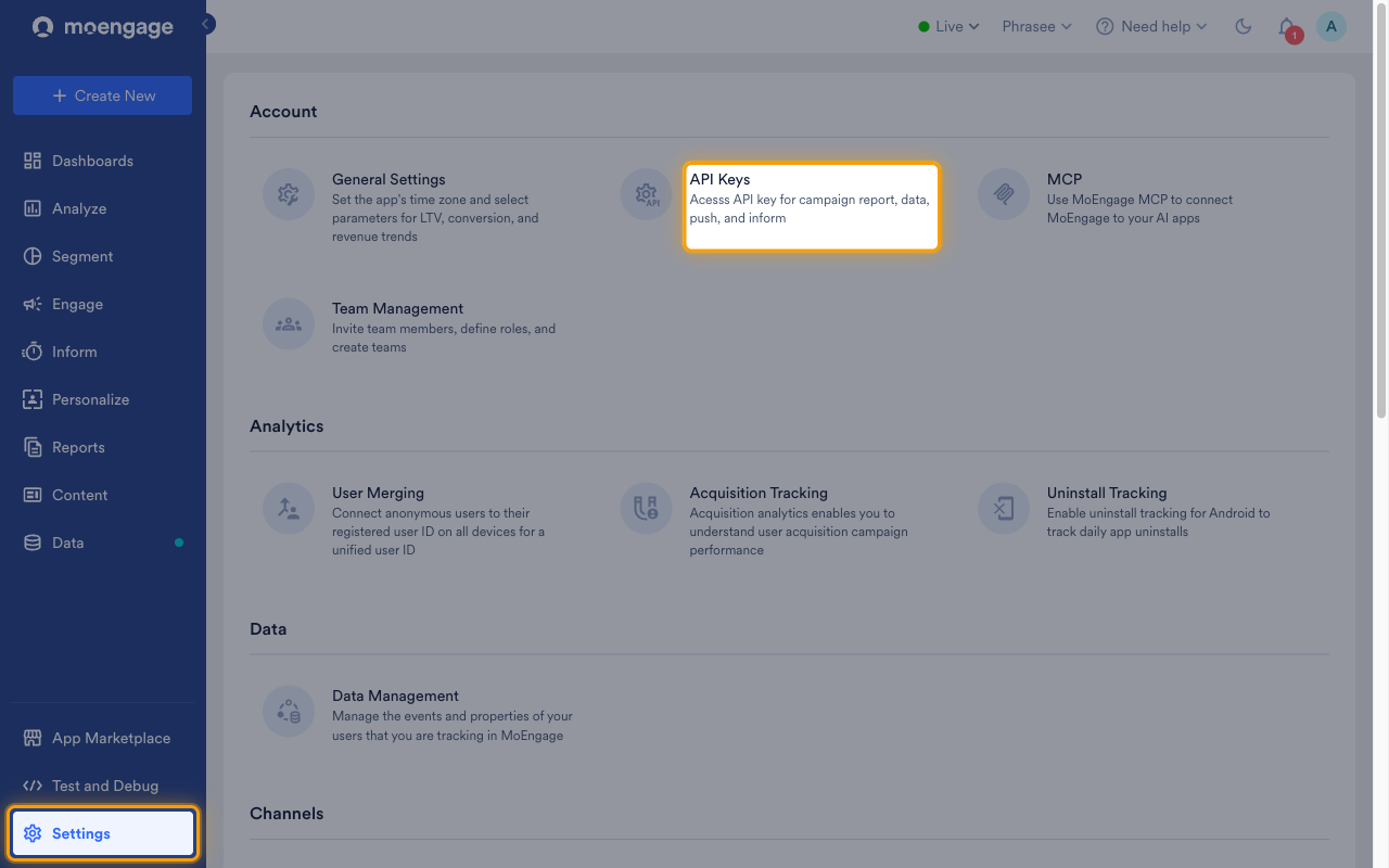 MoEngage Settings page with the Settings menu item and the API Keys card highlighted