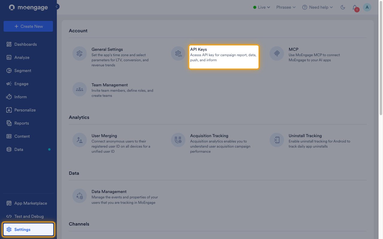 MoEngage Settings page with the Settings menu item and the API Keys card highlighted