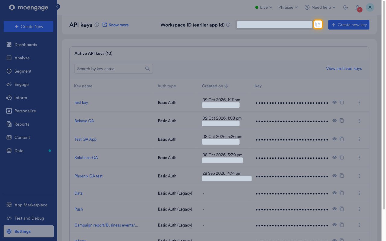 The API keys page with the copy icon next to the Workspace ID highlighted