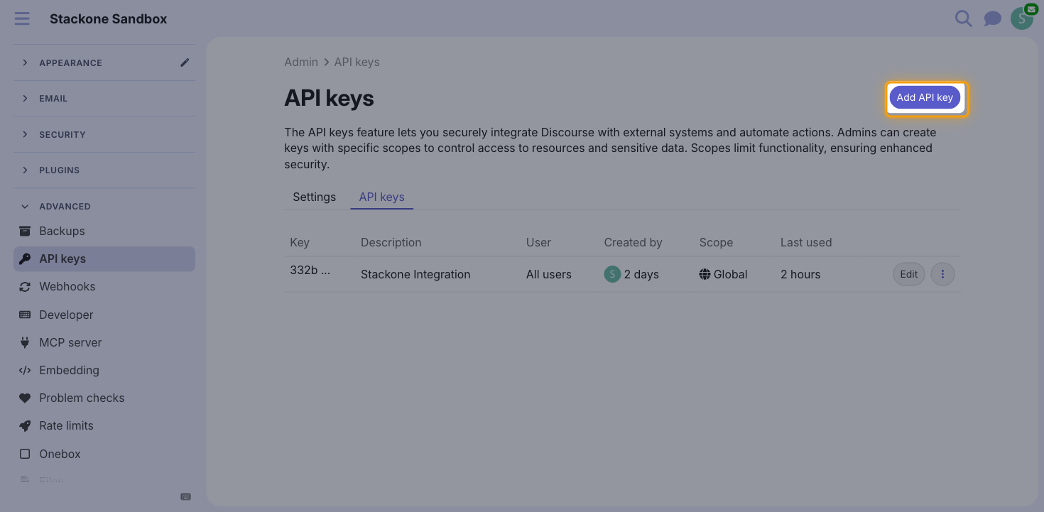 The API keys page with the Add API key button highlighted