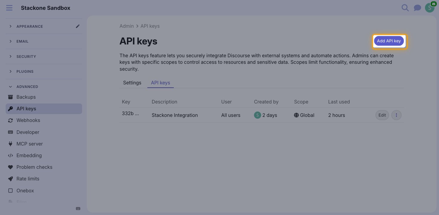 The API keys page with the Add API key button highlighted