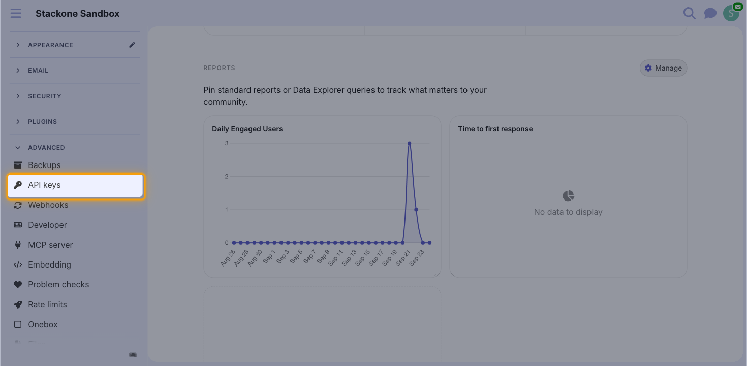 The admin sidebar with the Advanced section expanded and API keys highlighted