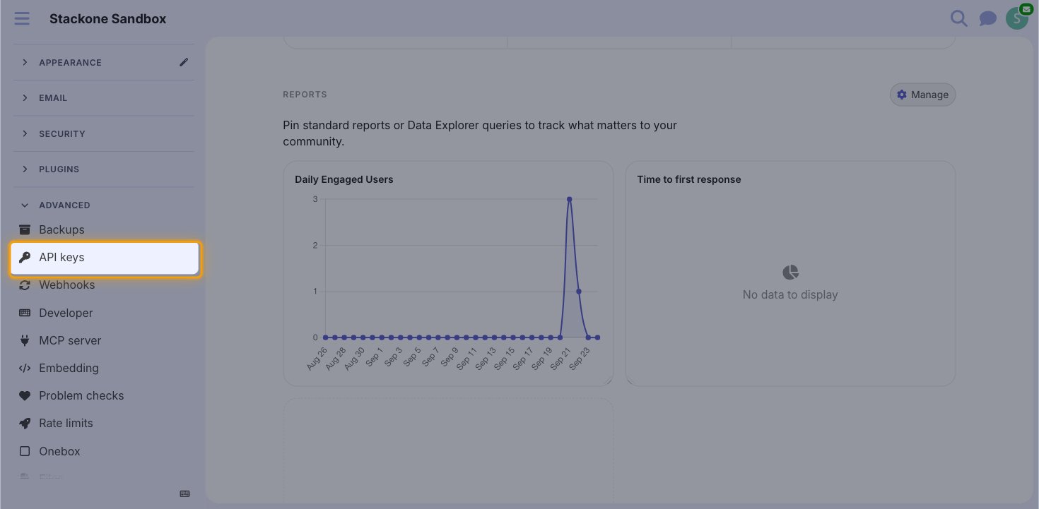 The admin sidebar with the Advanced section expanded and API keys highlighted