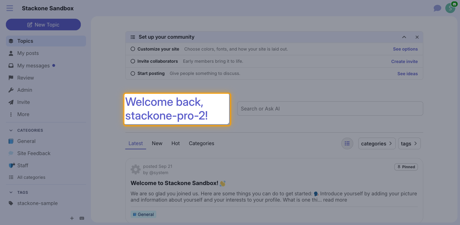 The Discourse forum home page with the welcome message showing the signed-in username highlighted