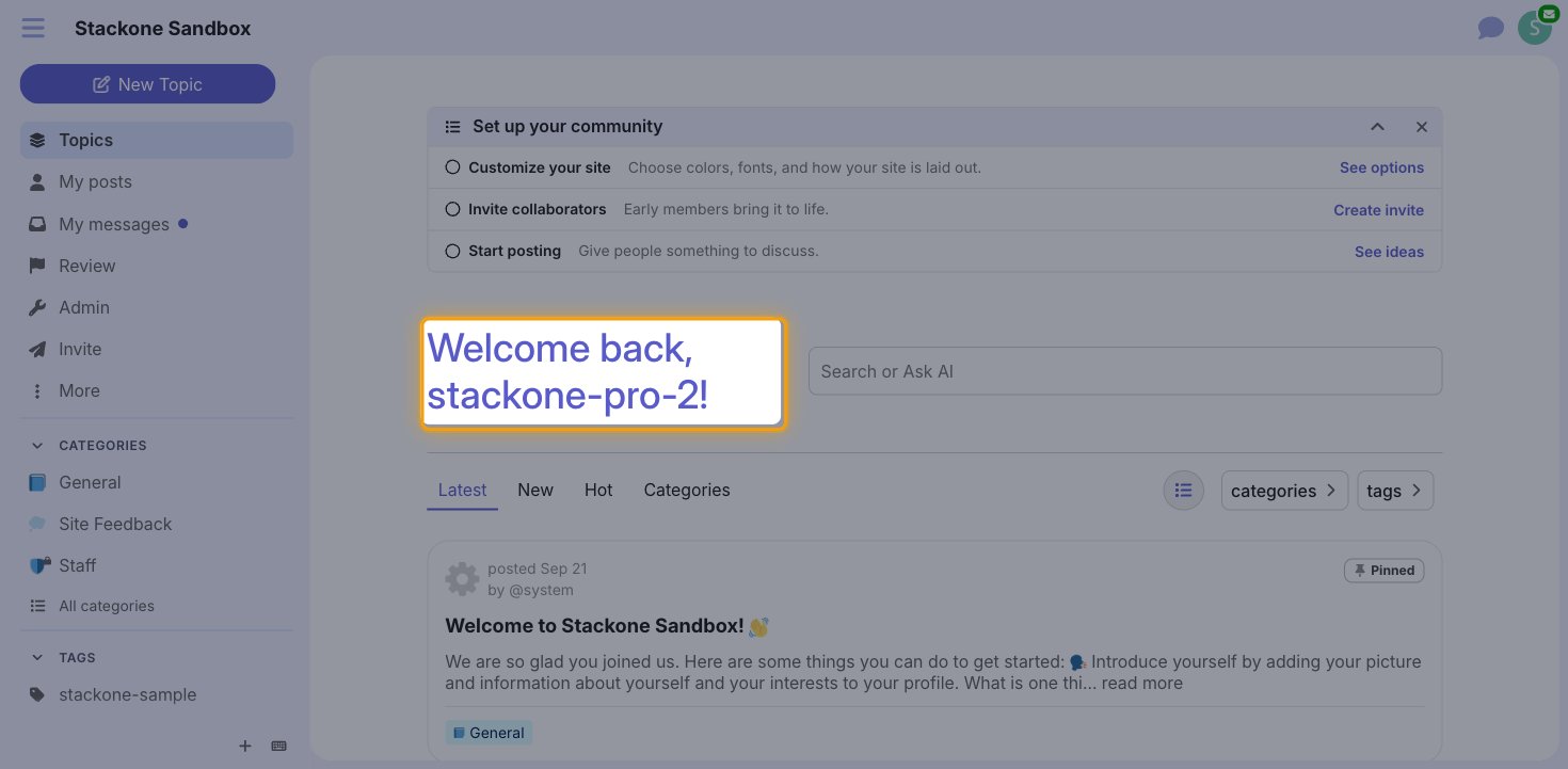 The Discourse forum home page with the welcome message showing the signed-in username highlighted