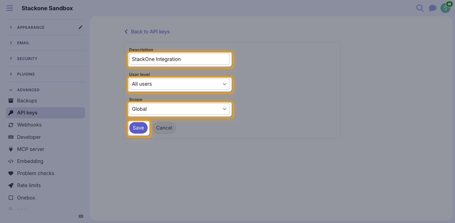 The new API key form with the Description field, User level and Scope menus, and the Save button highlighted
