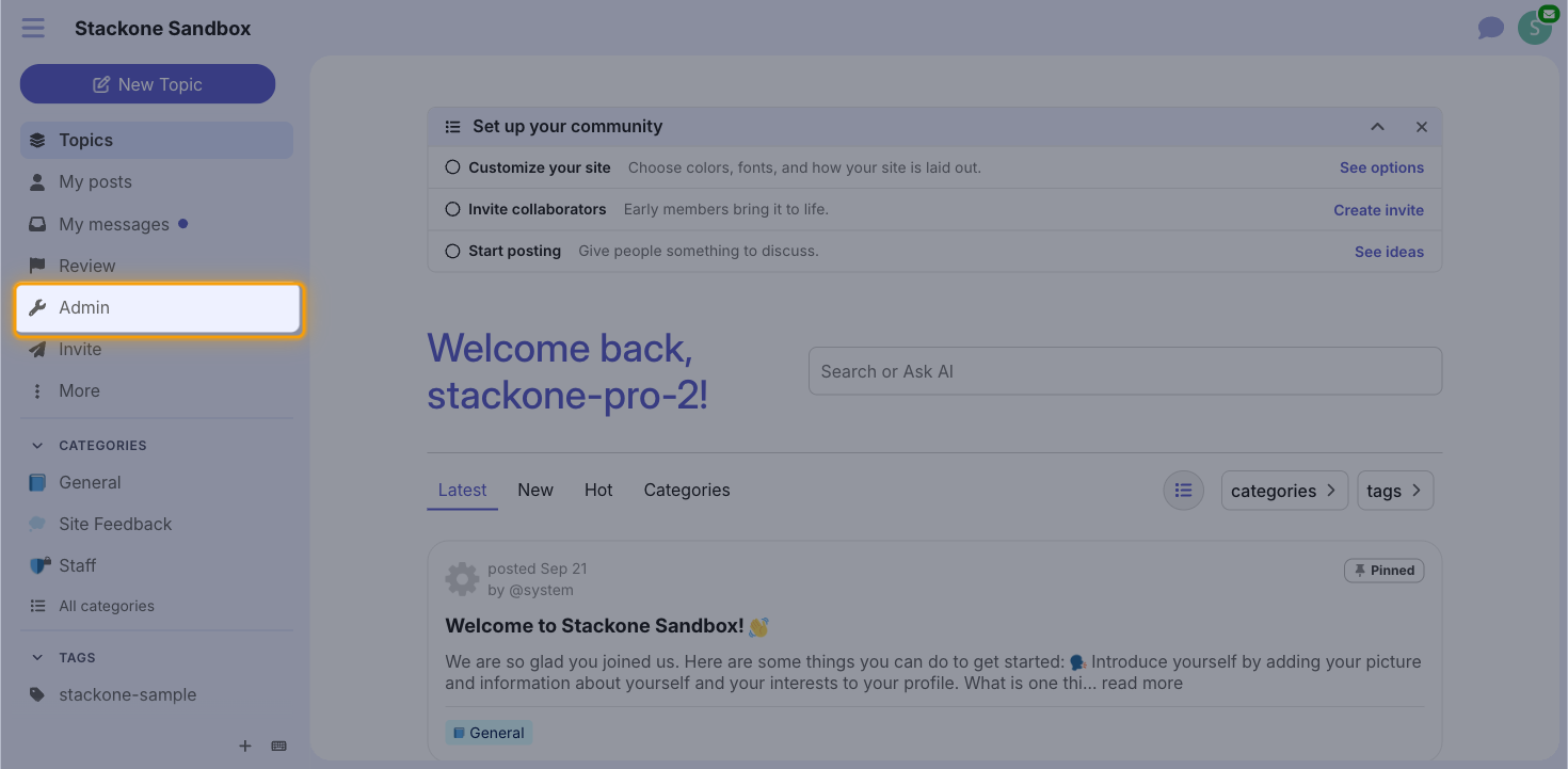 The Discourse forum sidebar with the Admin link highlighted