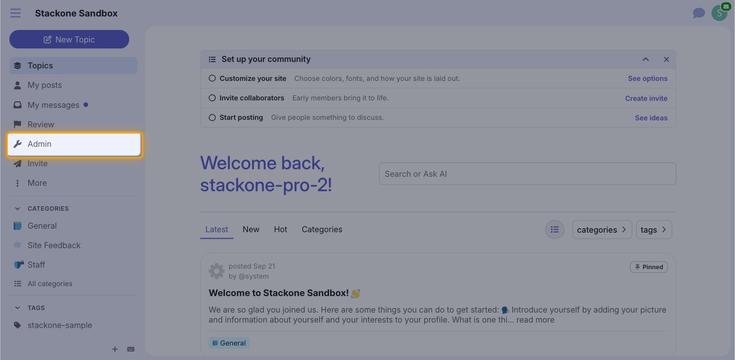 The Discourse forum sidebar with the Admin link highlighted