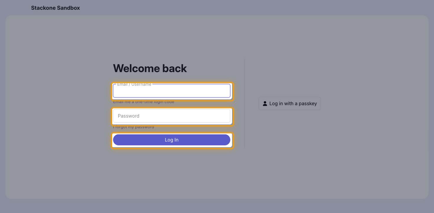 The Discourse login page with the Email / Username field, Password field, and Log In button highlighted