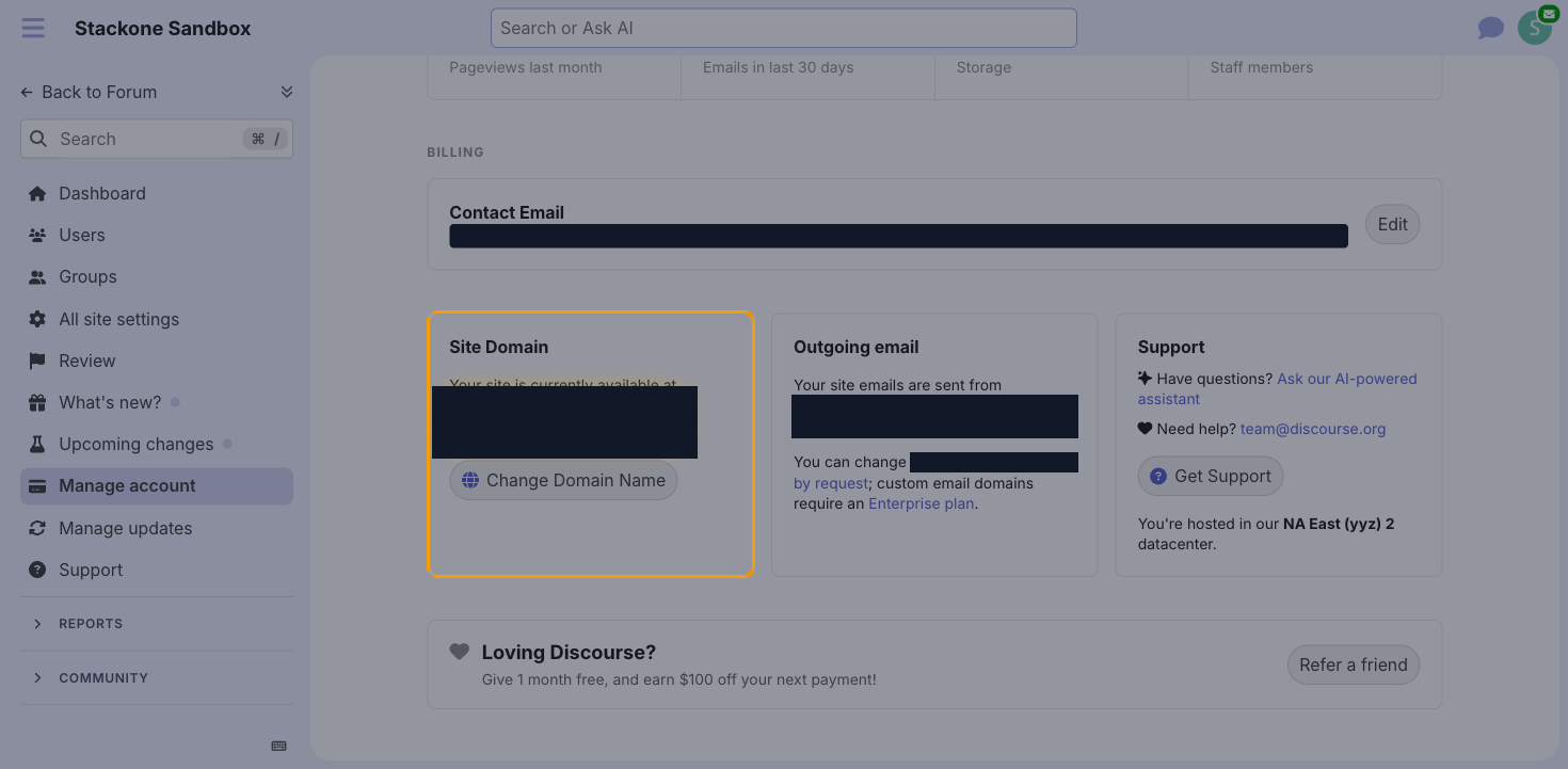 The Manage account page with the Site Domain panel highlighted